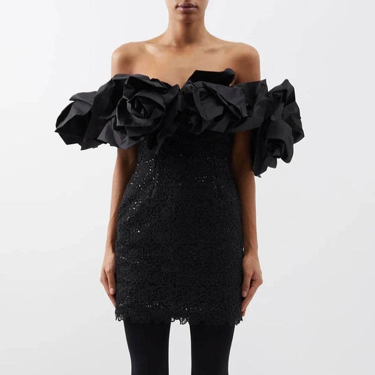 Sexy Off Shoulder Short Sleeve Flower Lace Tight Mini Dress - REBECATHELABEL