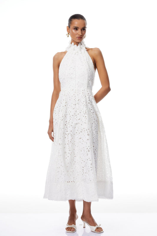 White Halterneck Corded Lace Midi Dress