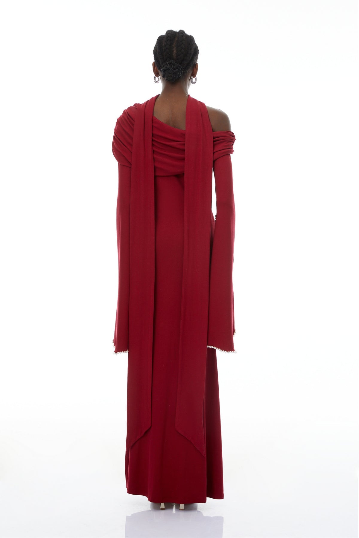 Burgundy One Shoulder Pearl Trim Maxi Gown