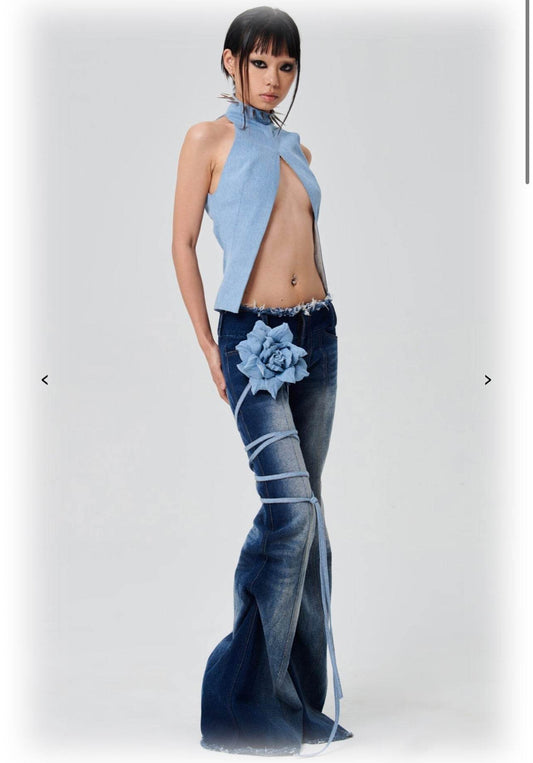 Edge Low Waist Card Crotch Tied Leg Trimmer Flared Pants - REBECATHELABEL