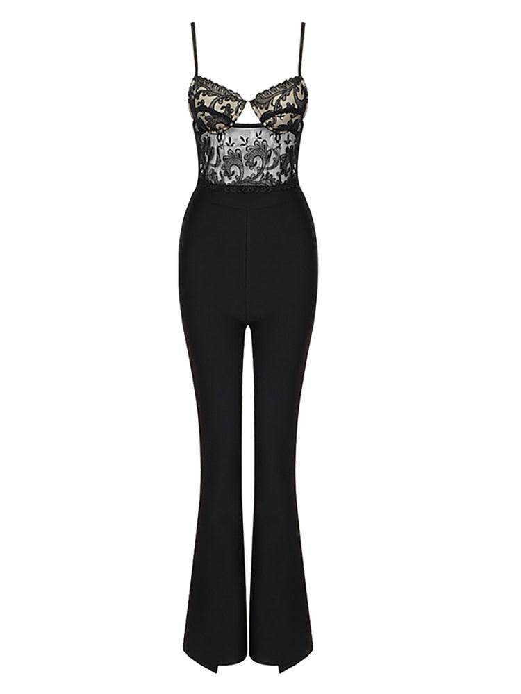 Elegant Black Lace Patchwork Bandage Jumpsuit - REBECATHELABEL