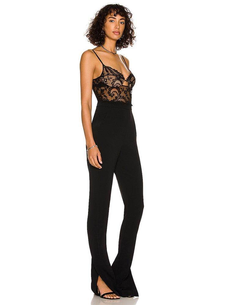 Elegant Black Lace Patchwork Bandage Jumpsuit - REBECATHELABEL