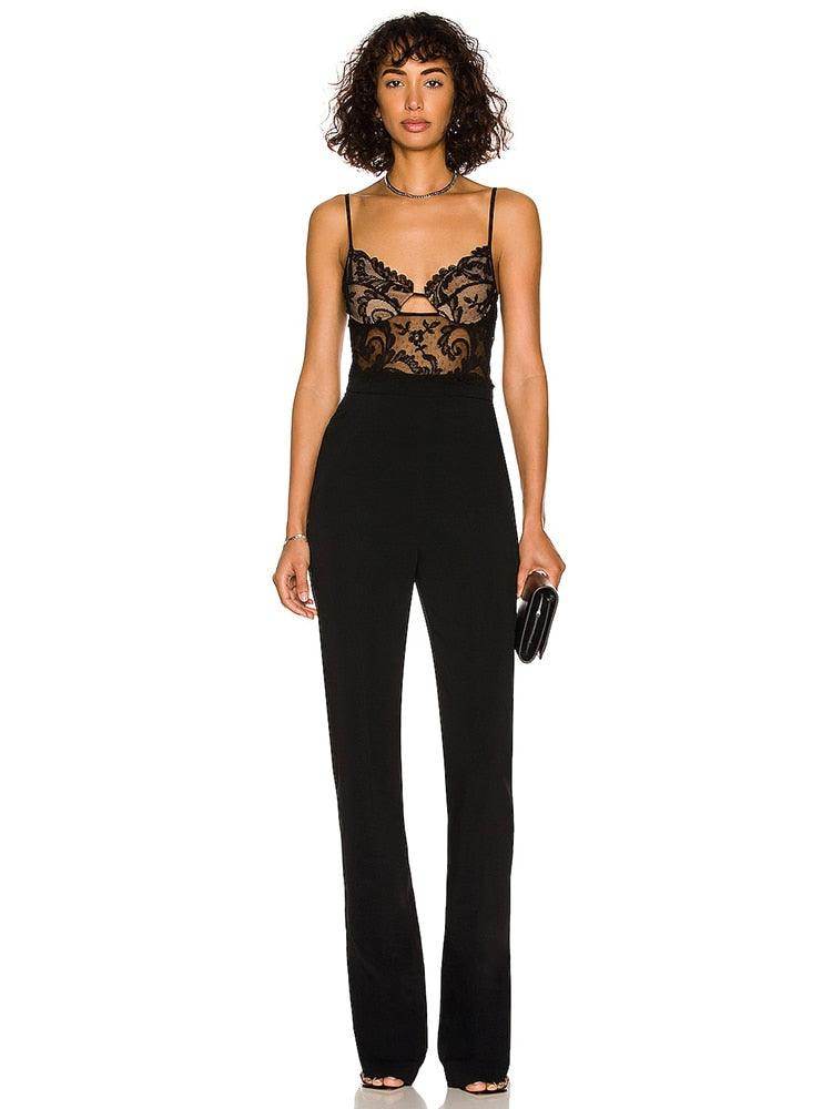 Elegant Black Lace Patchwork Bandage Jumpsuit - REBECATHELABEL