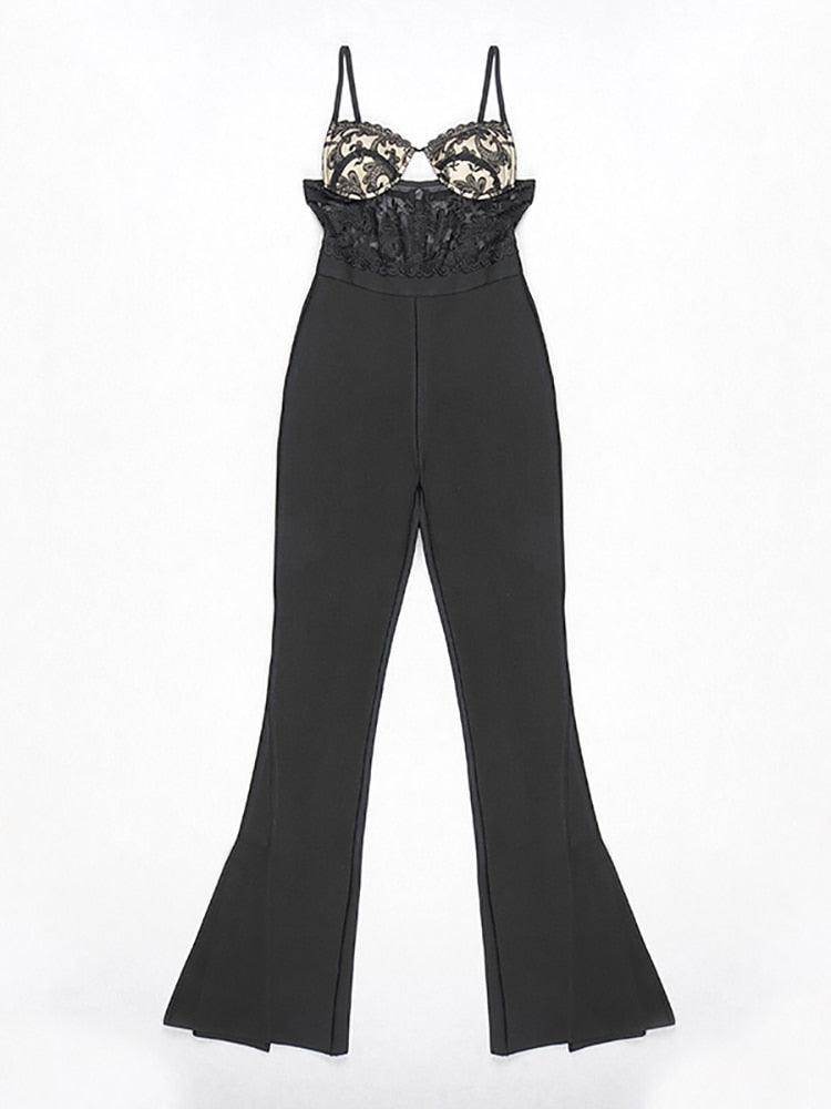 Elegant Black Lace Patchwork Bandage Jumpsuit - REBECATHELABEL