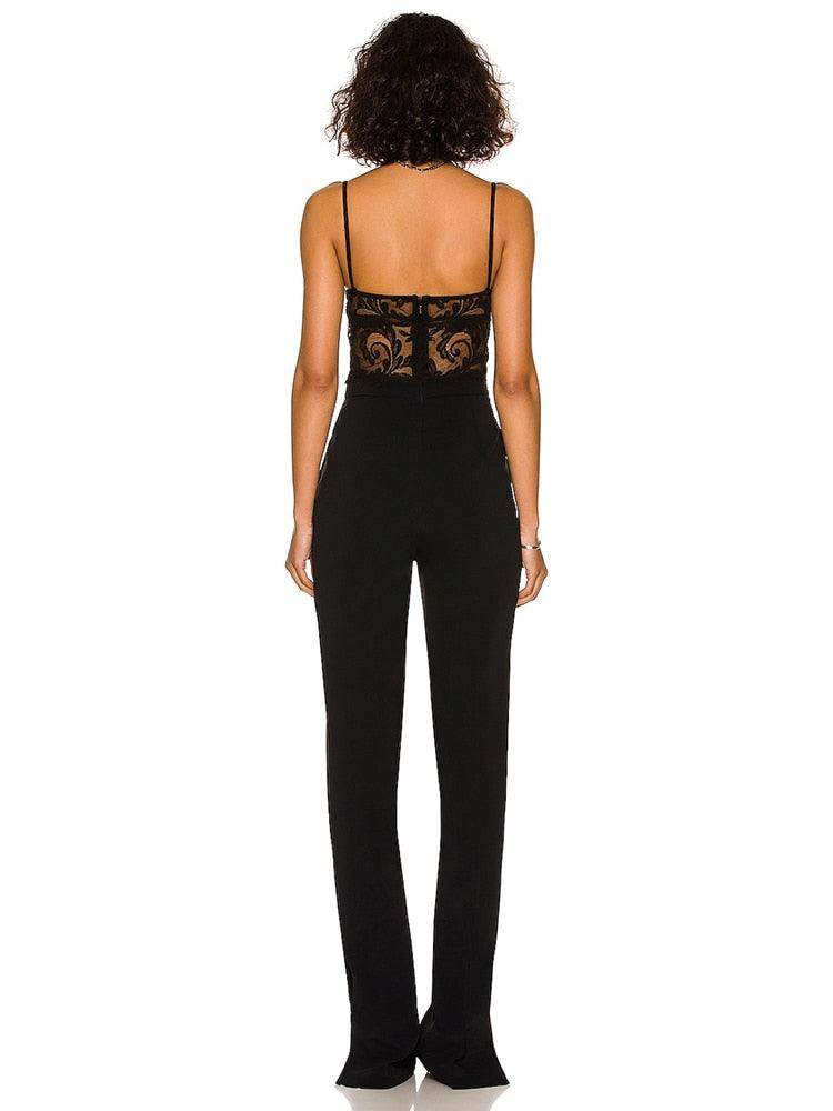 Elegant Black Lace Patchwork Bandage Jumpsuit - REBECATHELABEL