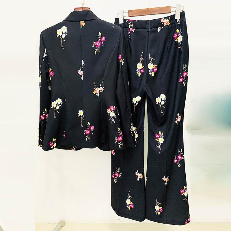 Elegant Printed Suit Flared Pants Suit Two Piece Suit - REBECATHELABEL