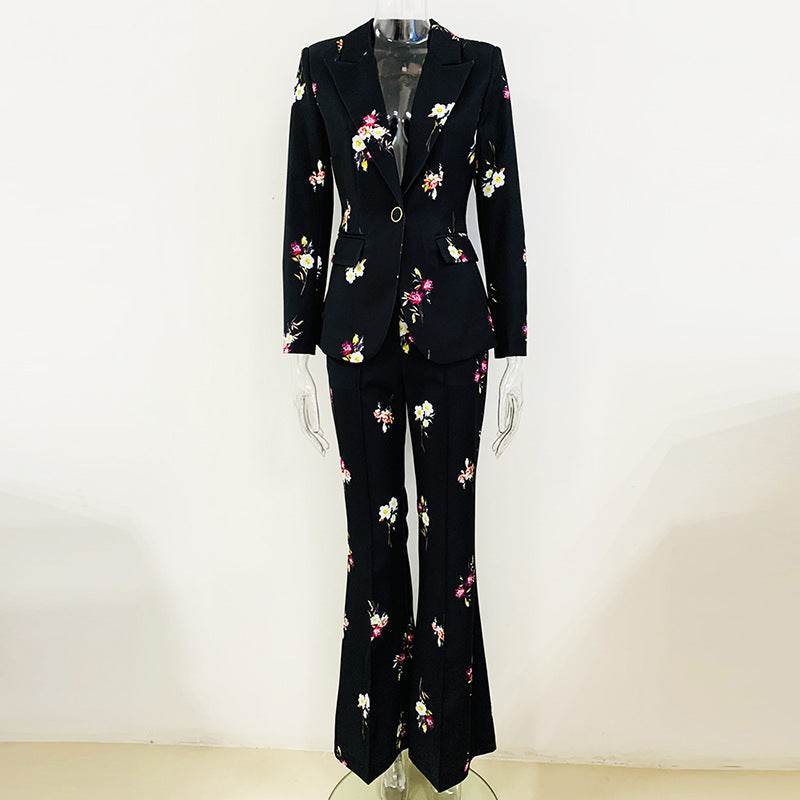 Elegant Printed Suit Flared Pants Suit Two Piece Suit - REBECATHELABEL