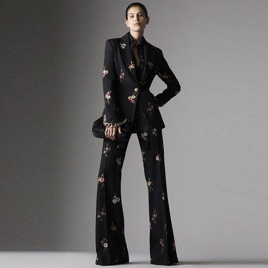 Elegant Printed Suit Flared Pants Suit Two Piece Suit - REBECATHELABEL