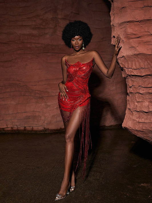 Embellished Diamond Chain Dress In Red - REBECATHELABEL