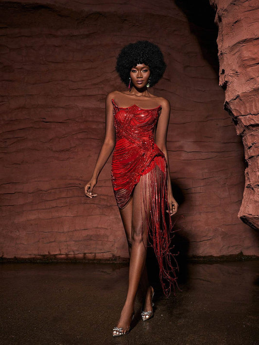 Embellished Diamond Chain Dress In Red - REBECATHELABEL