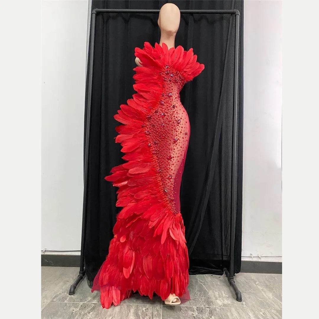 Embellished Mesh Feather Maxi Dress In Red - REBECATHELABEL