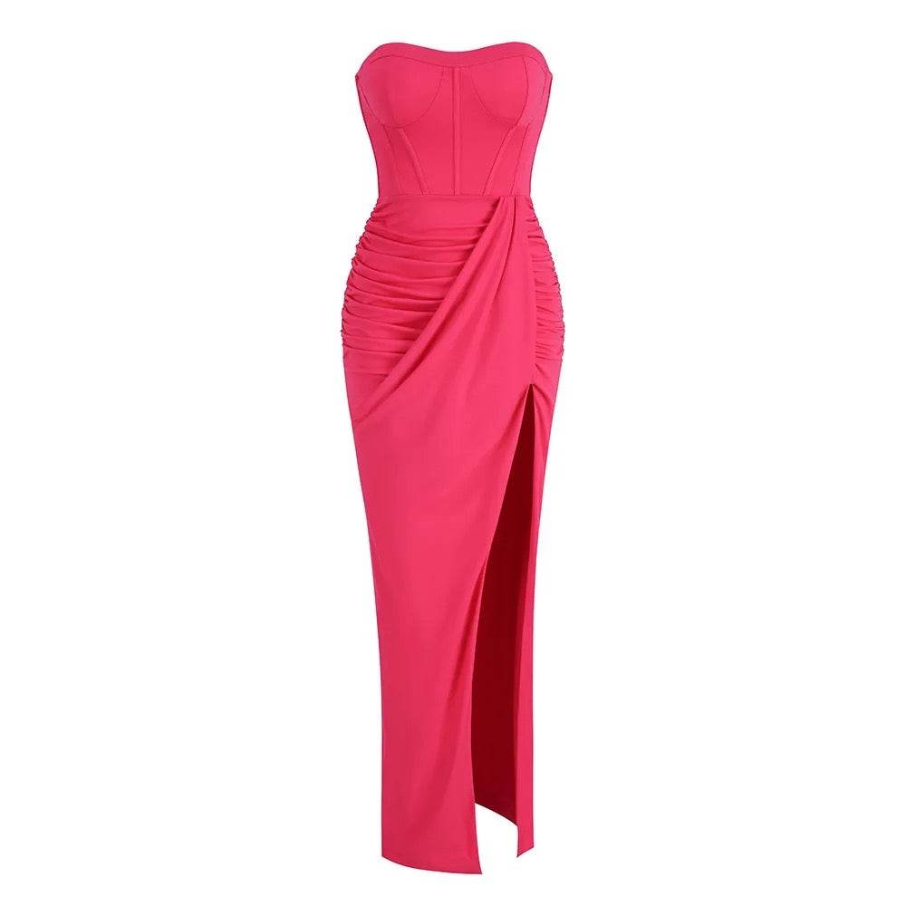 Eye-catching Pink Off Shoulder Pleated High Split Long Dress - REBECATHELABEL
