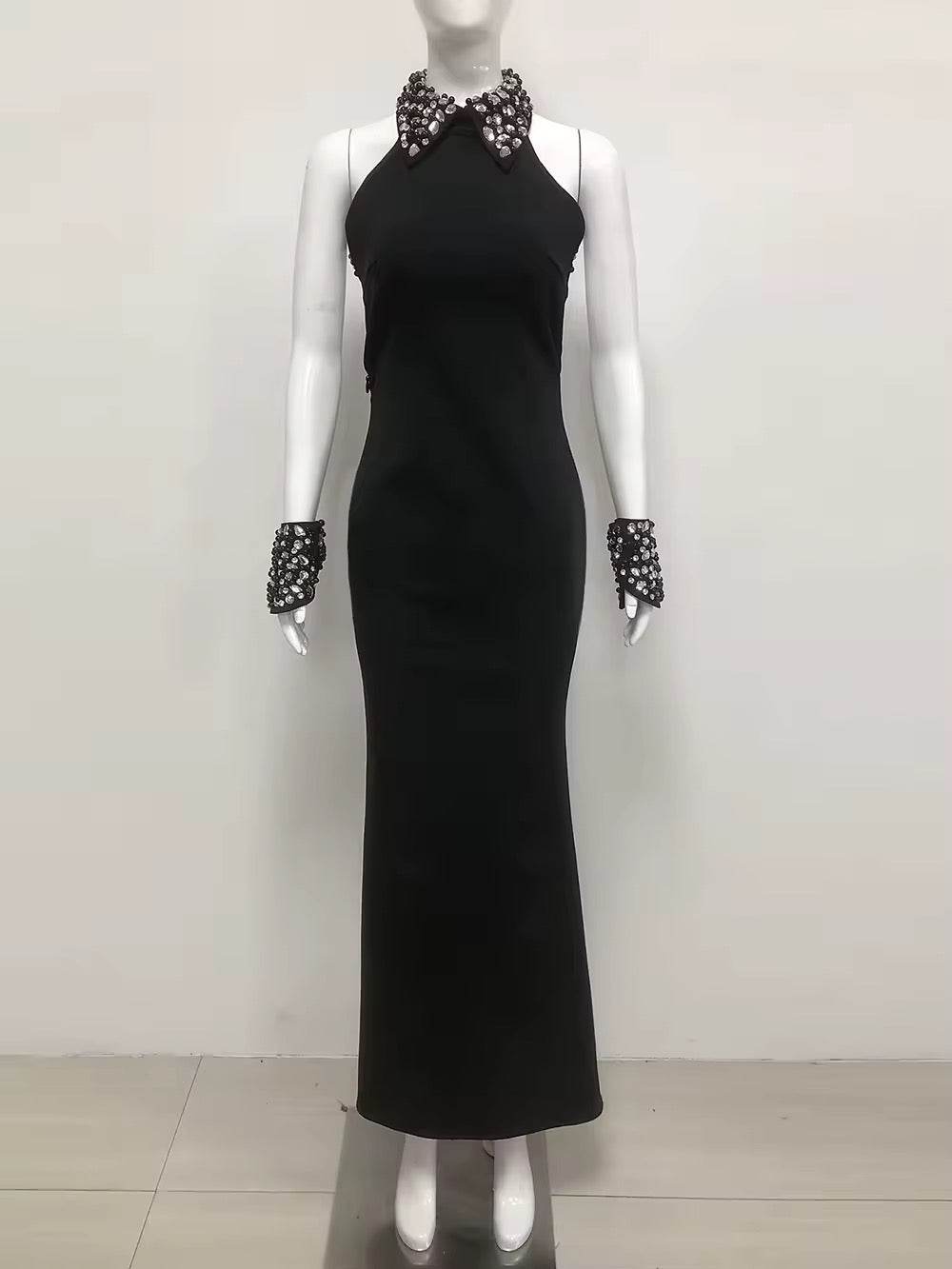 Black Bead Backless Long Bandage Dress - REBECATHELABEL