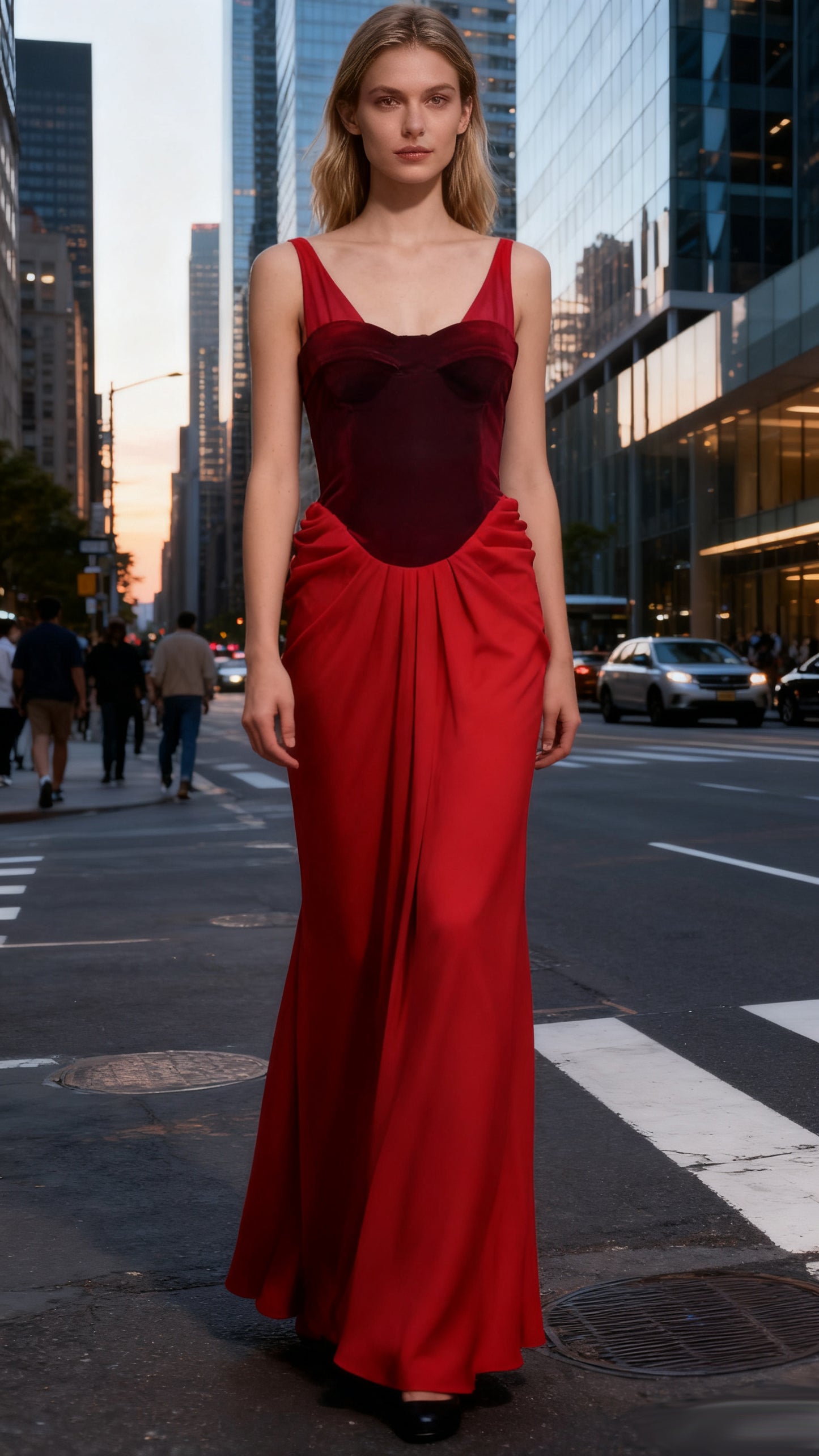 Mesh Straps Velvet Corset Patchwork Long Dress