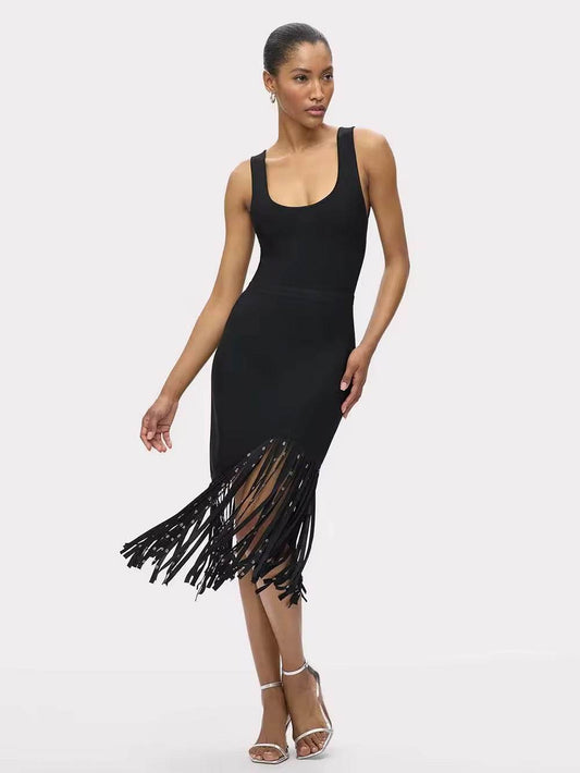 Crystal Tassel Temperament Suspender Bodycon Waisted Sexy Midi Dress - REBECATHELABEL