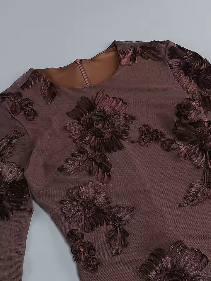 Cocktail Hour Elegance Chocolate Brown Floral Sheer Bell-Sleeve Mini Dress