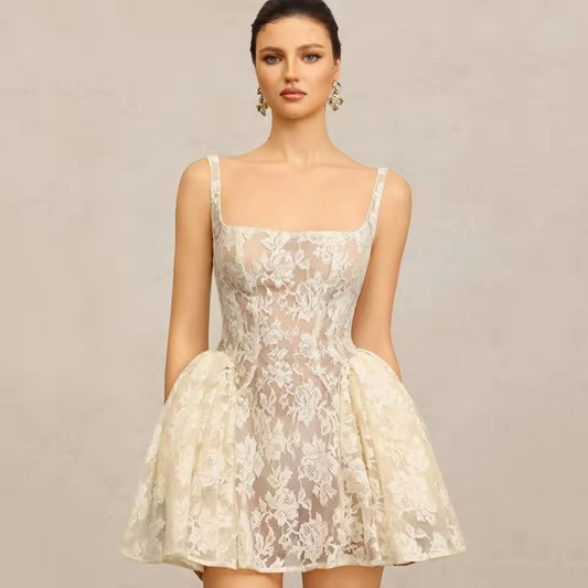 Apricot Backless Lace Sexy Mini Dress