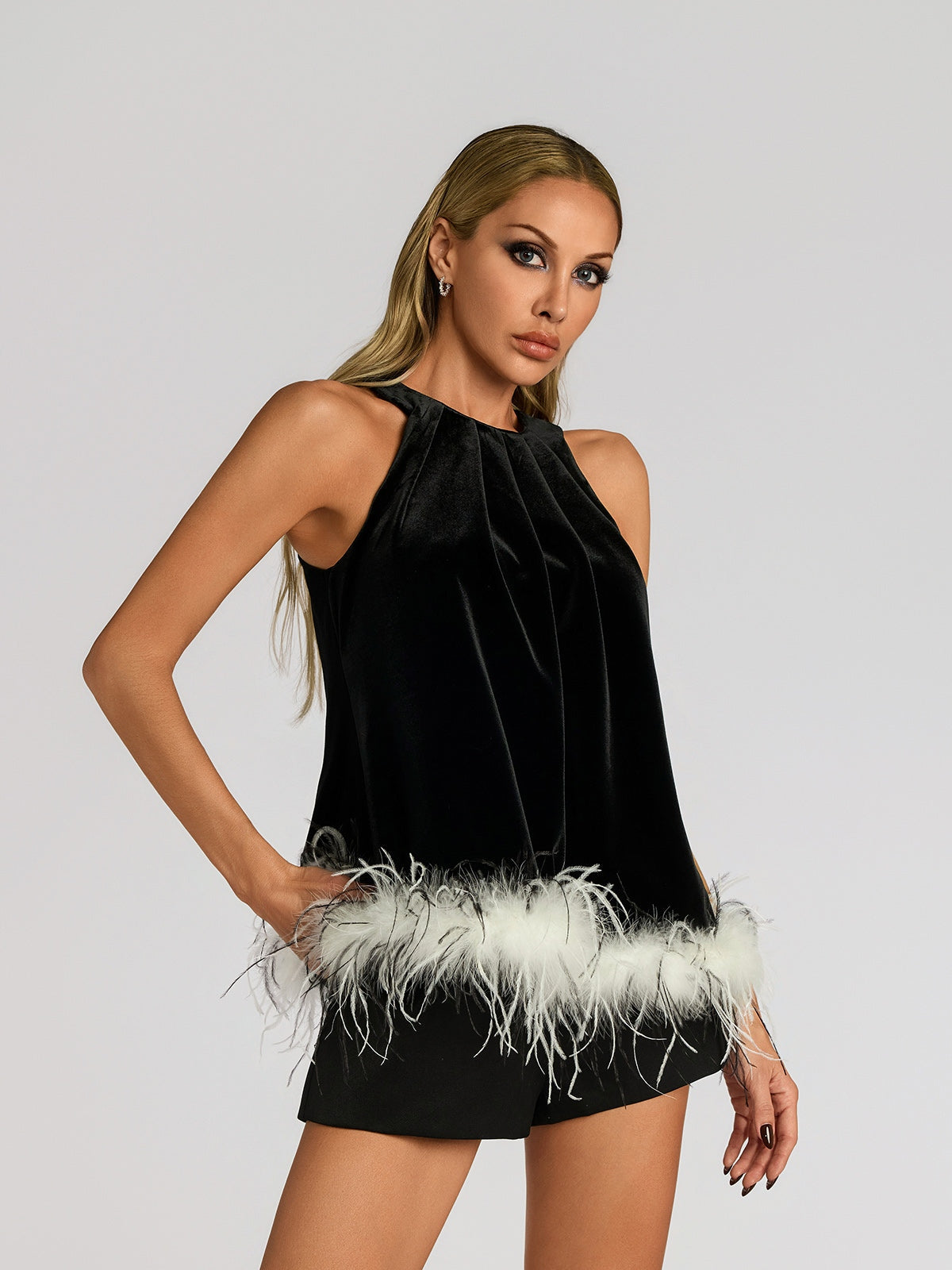 Halterneck Feather Velvet Top