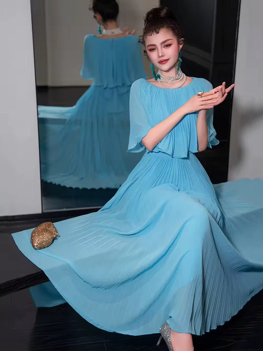 Round Neck Cape Fold Design Slimming Long Dress