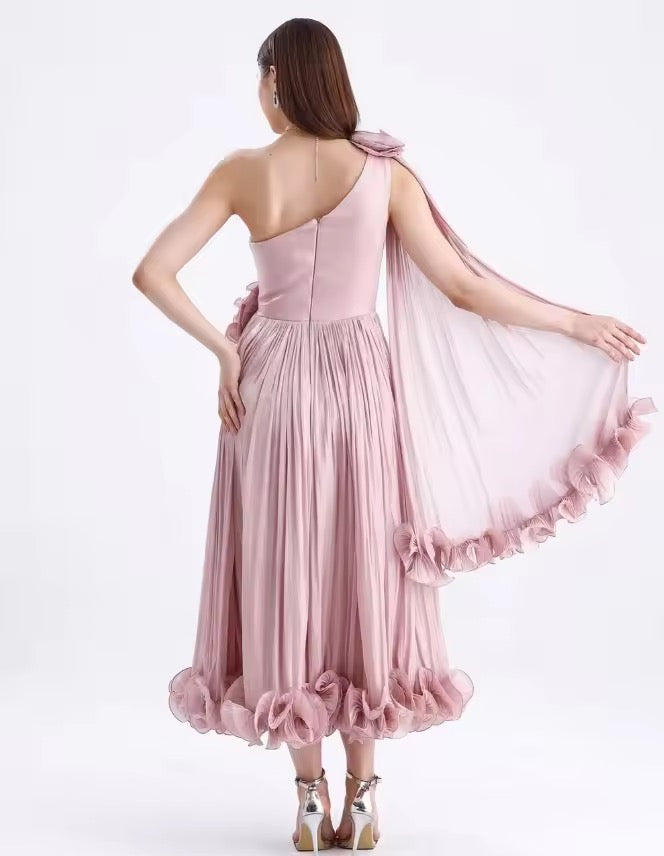 One Shoulder Tea Length Backless Zipper Wrinkle dress