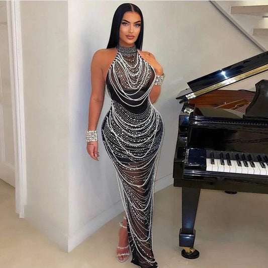 Mesh Diamond Pearl Mesh Long Dress - REBECATHELABEL