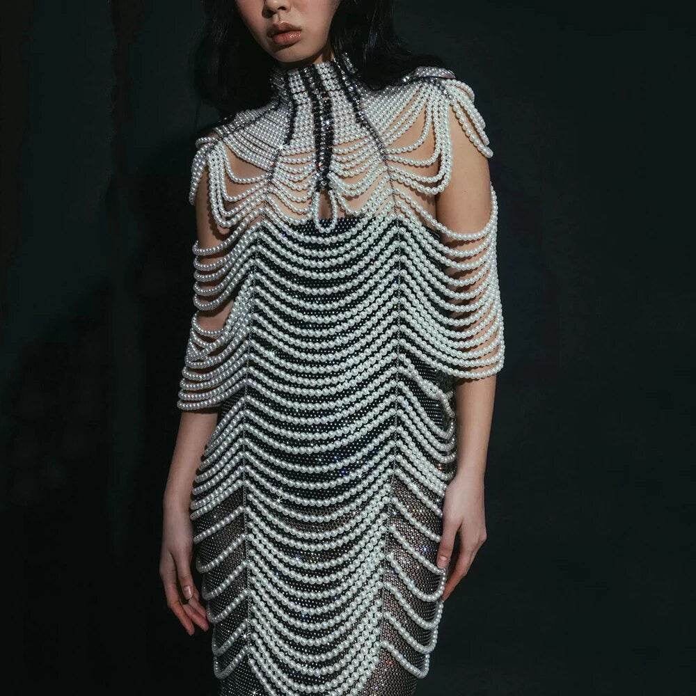 White Black Pearl Beaded Cloak Sexy Slim Fit Mini Dress - REBECATHELABEL