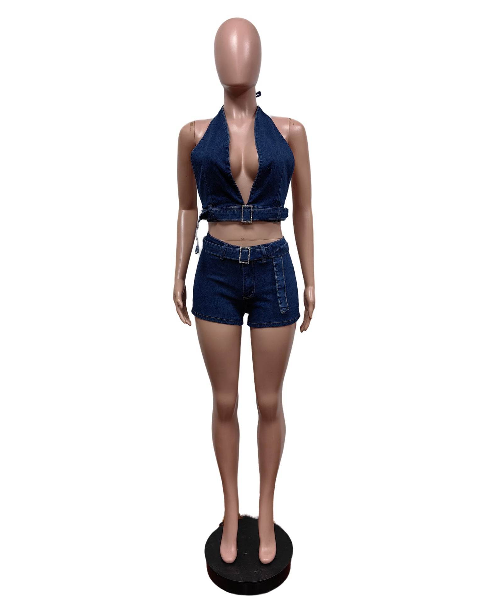 Denim Halter Stretch Shorts Suit Hip Shorts Suit - REBECATHELABEL