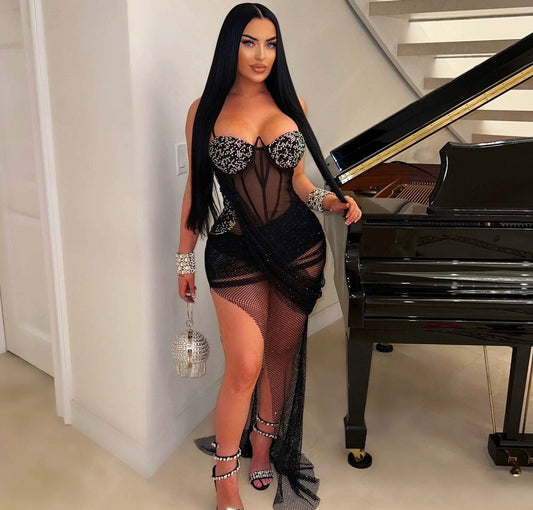 Mesh Corset Crystal Sleeveless Ruched Slit Sequin Party Dress - REBECATHELABEL