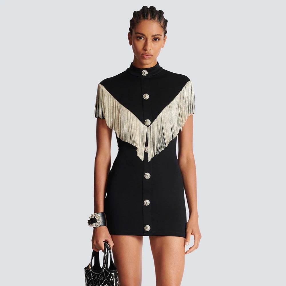 Sleeve Sexy Tassel Button Tight Mini Bandage Party Dress - REBECATHELABEL