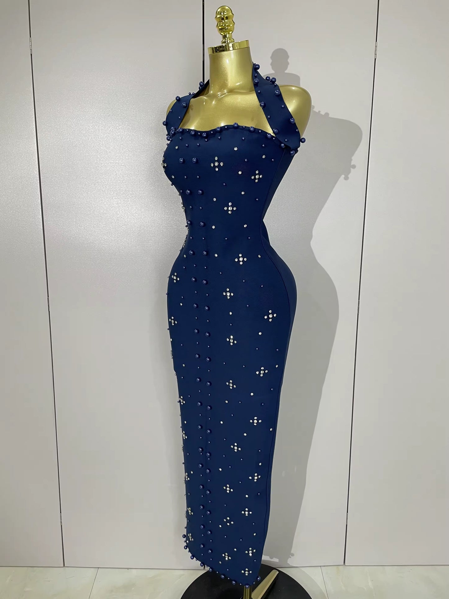 Sparkly Rhinestone Pearl Sleeveless Bodycon Bandage Long Dress