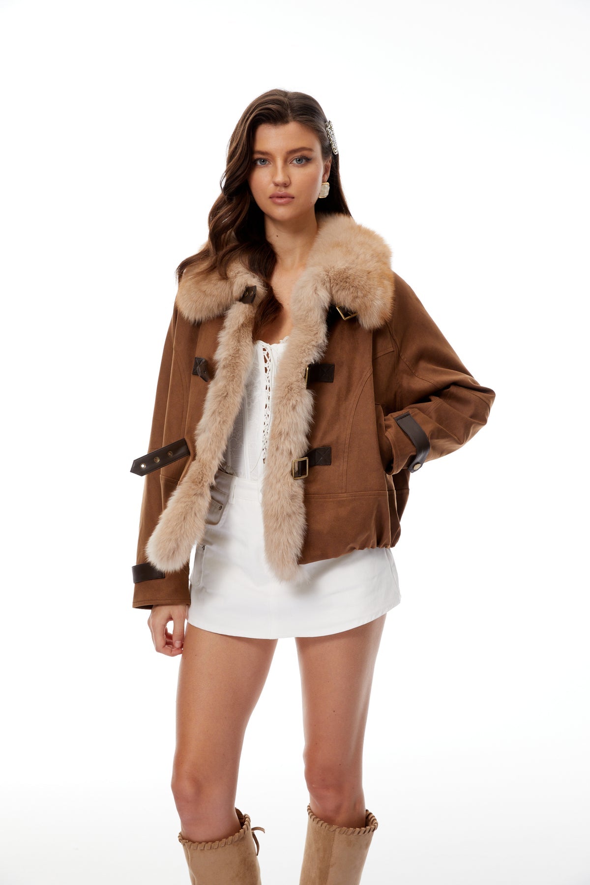 Camel Brown Fur Panel Padded Jacket