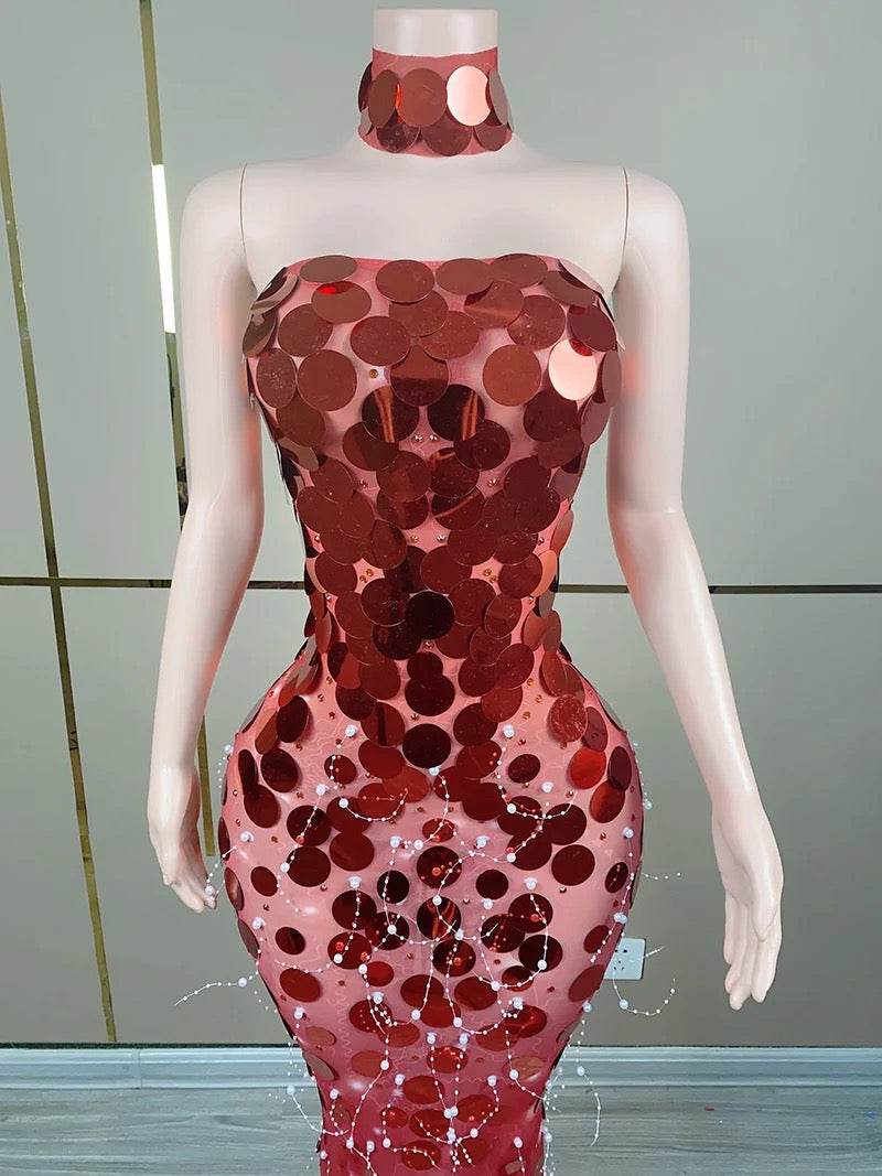 Strapless Embellished Maxi Dress In Red - REBECATHELABEL