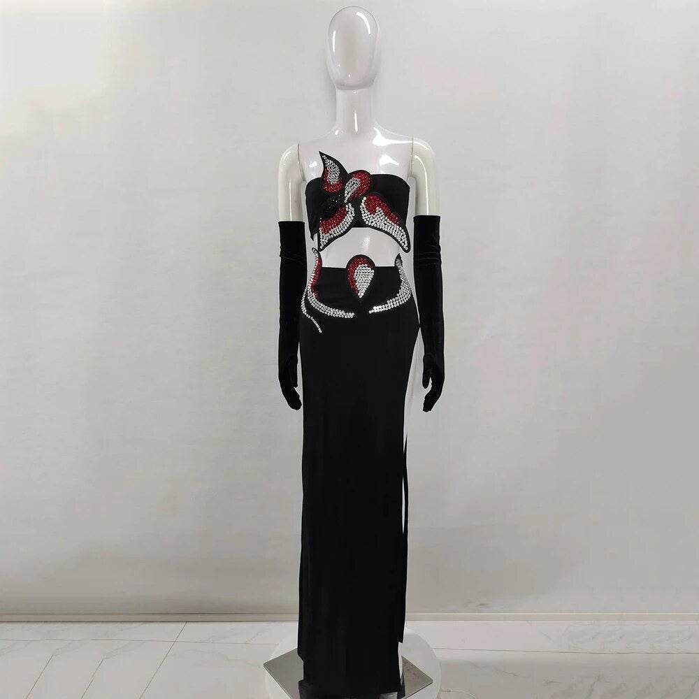 Diamond Off Shoulder Short Top High Split Long skirt - REBECATHELABEL