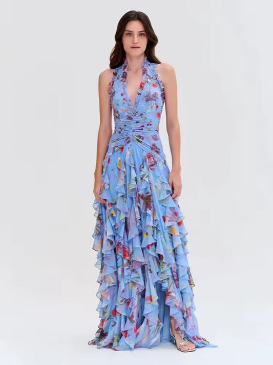 Halter Neck Blue Floral Print Ruched Long Dress