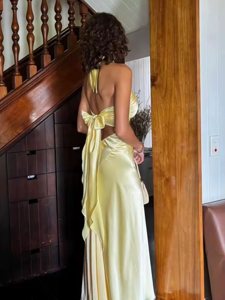 Yellow Sleeveless Halter Neck Backless Slim Long Dress
