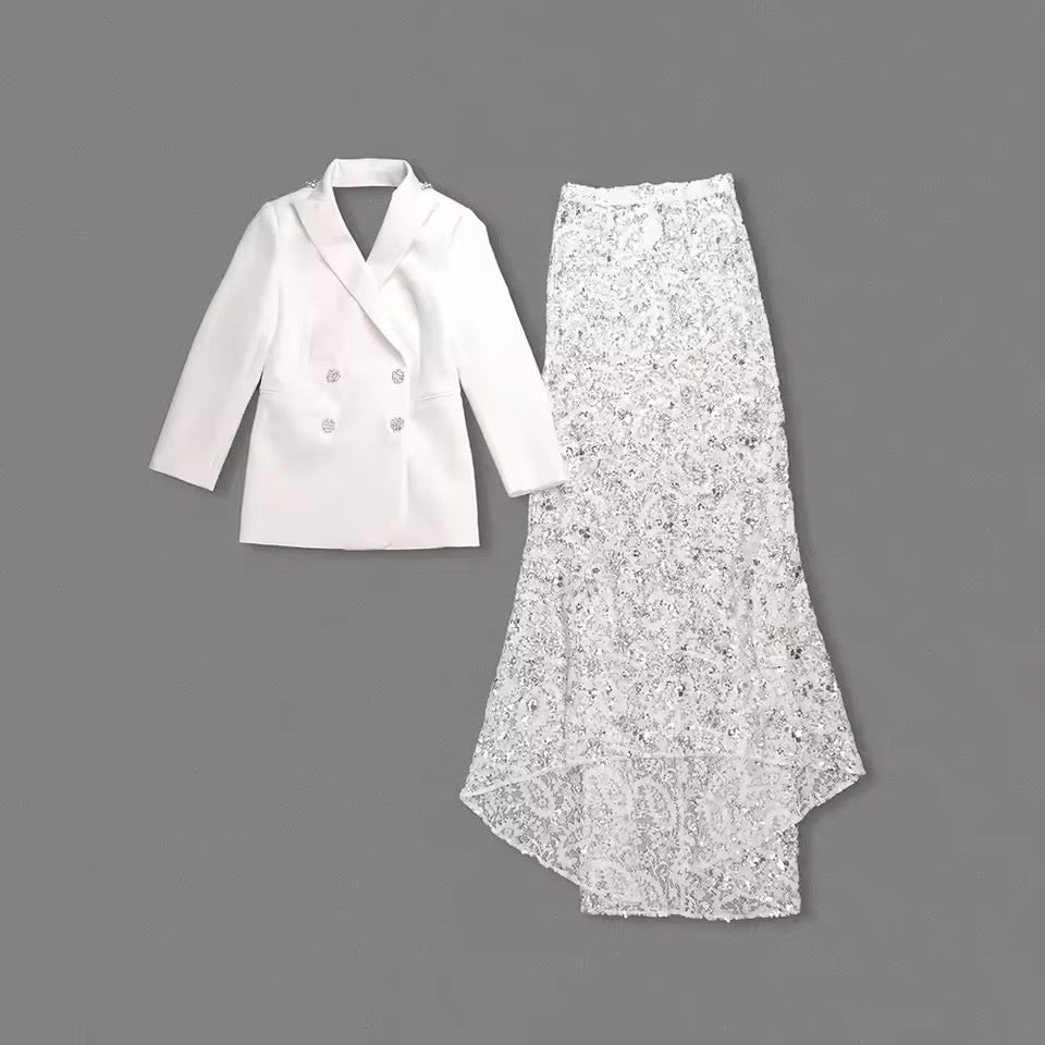 Diamond Backless Blazer Sequin See Through Lace Skirt set