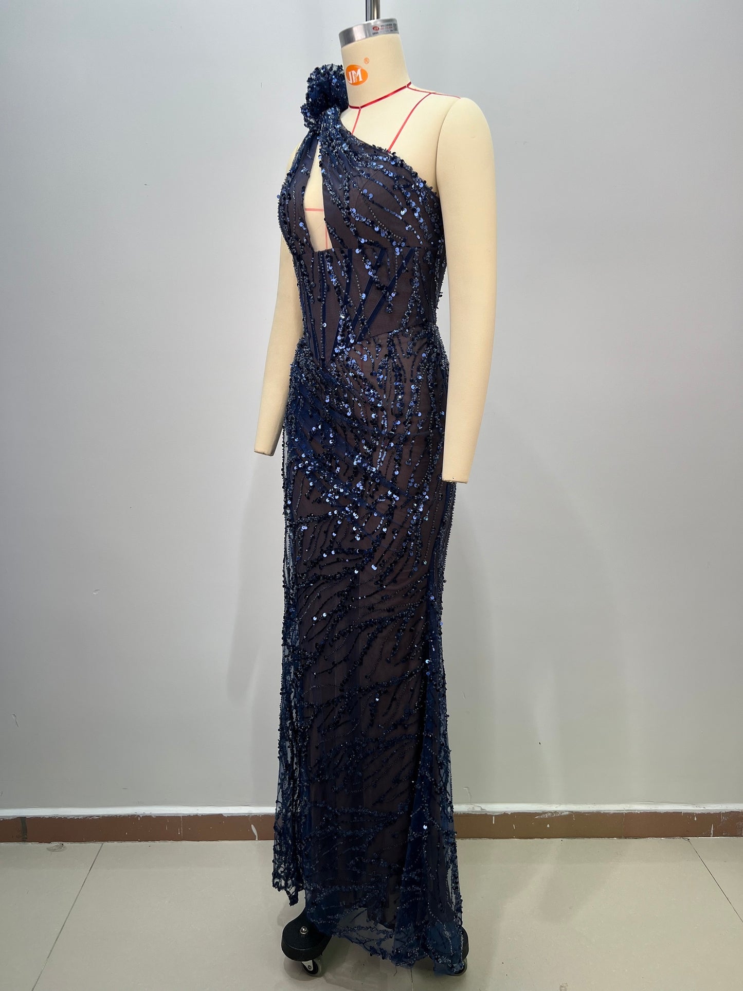 One Shoulder Sleeveless Sequin Sheer Mesh Split dress