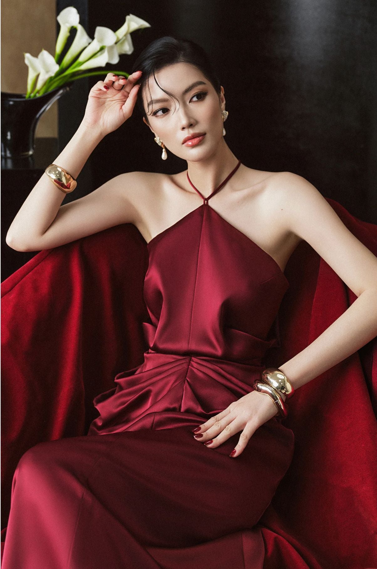 Burgundy Satin Halter Neck Mermaid Dress
