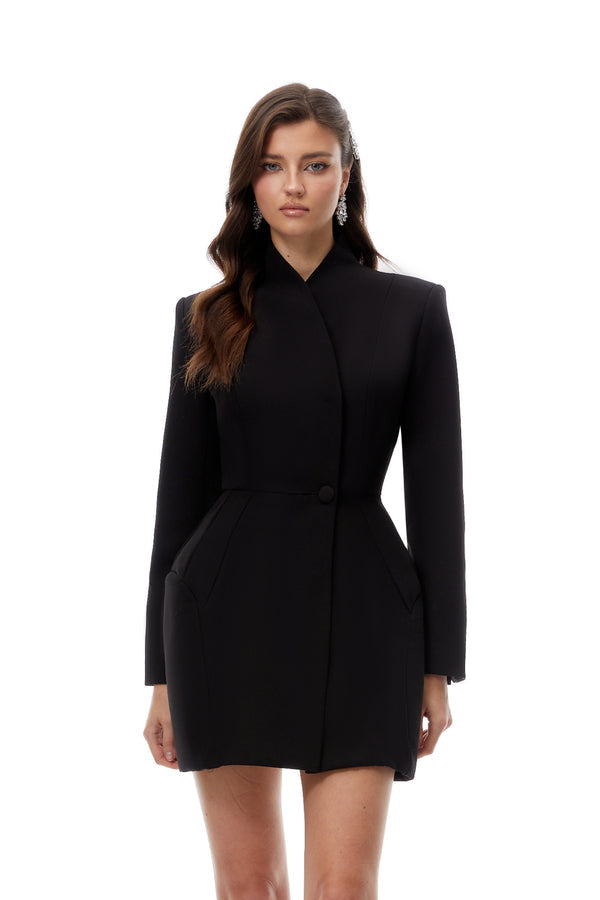 Black Stand Collar Mini Blazer Dress