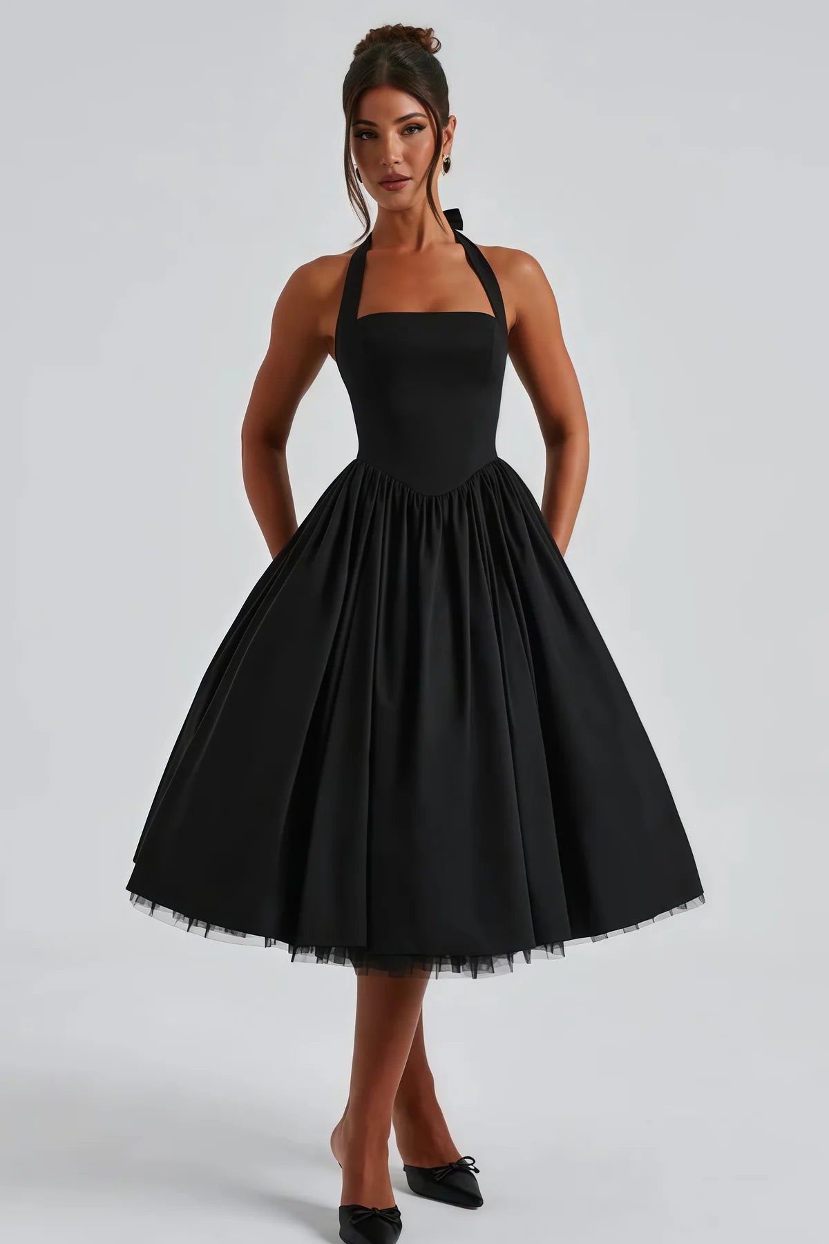 Black Layered Flared Hem Midi Dress