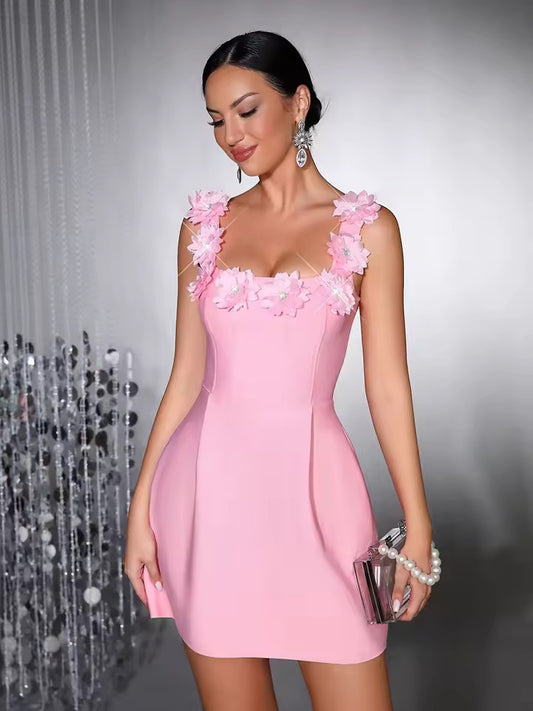 Solid Square Collar Sleeveless Backless Flower dress