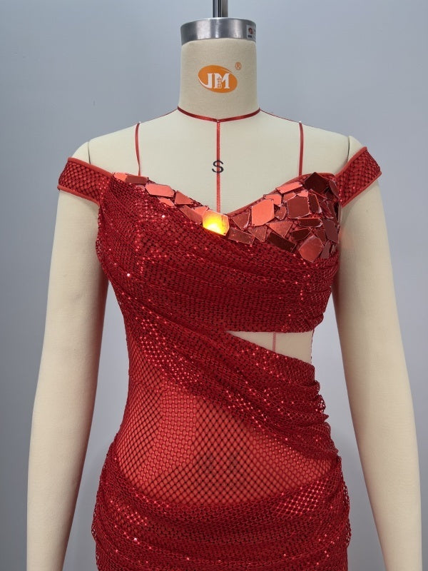 Shoulder-dropping Red Waist Slimming Sequined Dress