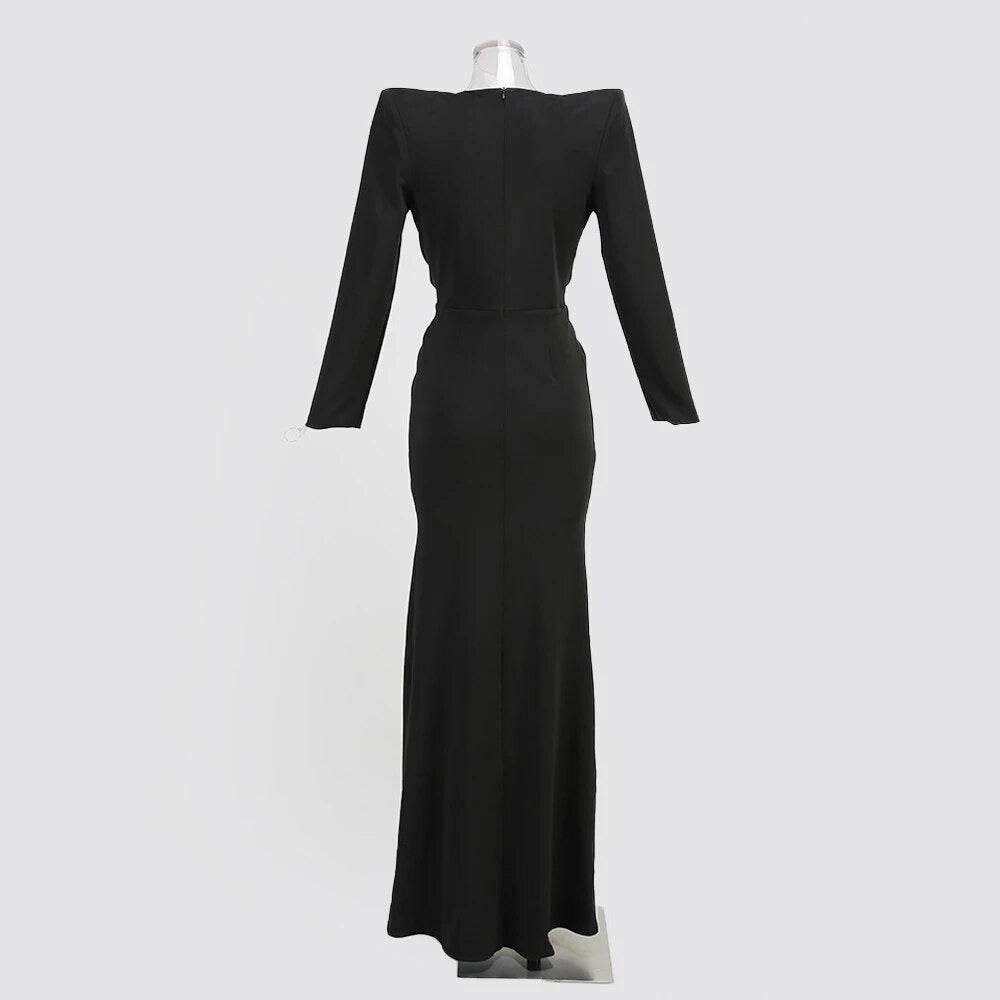 V-neck Long sleeved Diamond Black Tight Moxi Dress - REBECATHELABEL