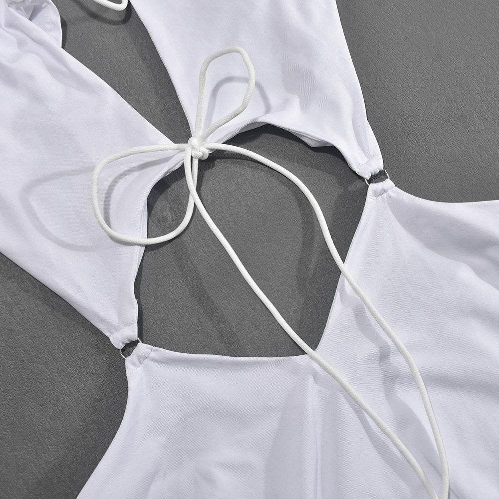 Wrapped Chest Long Sleeve V Neck Lace Up Maxi Dress - REBECATHELABEL