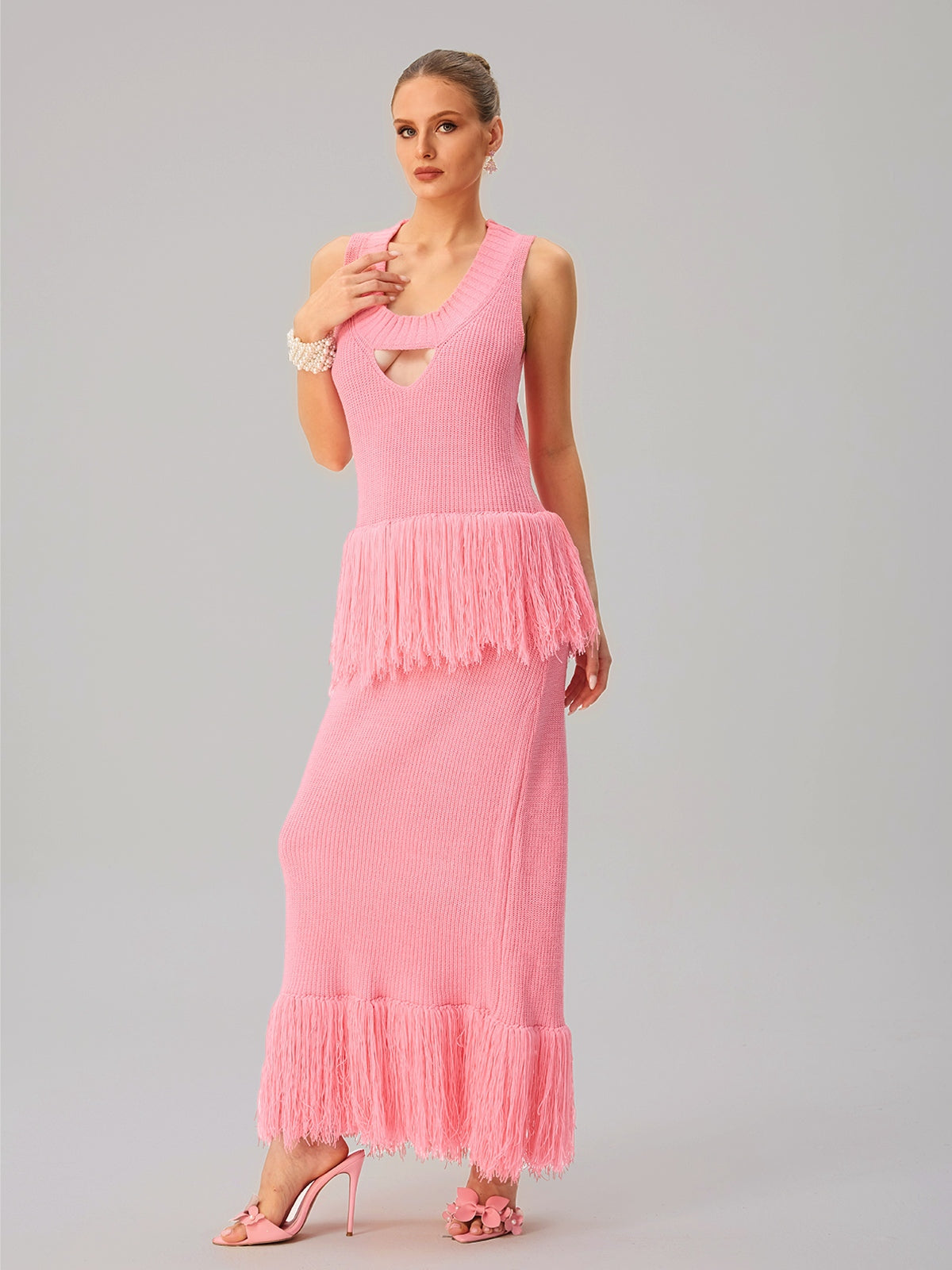 Sleeveless Fringe Knit Maxi Dress