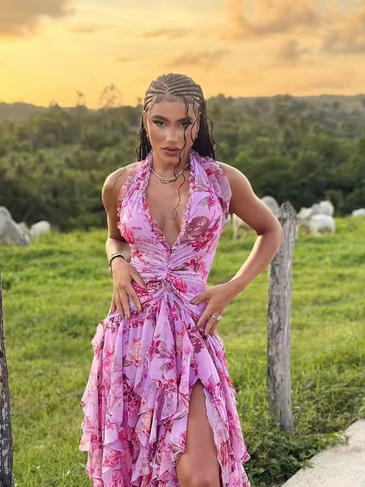 Halter Neck Blue Floral Print Ruched Long Dress