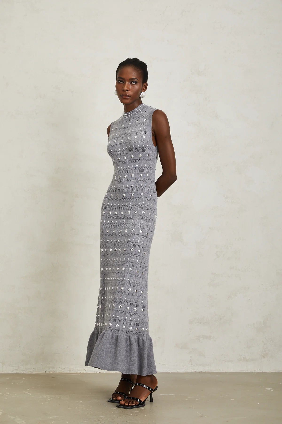 Grey Studded Crochet Knit Maxi Dress