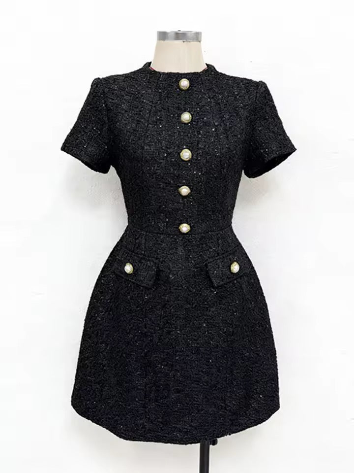 Retro Button Gold Tweed High Waist Mini Dress