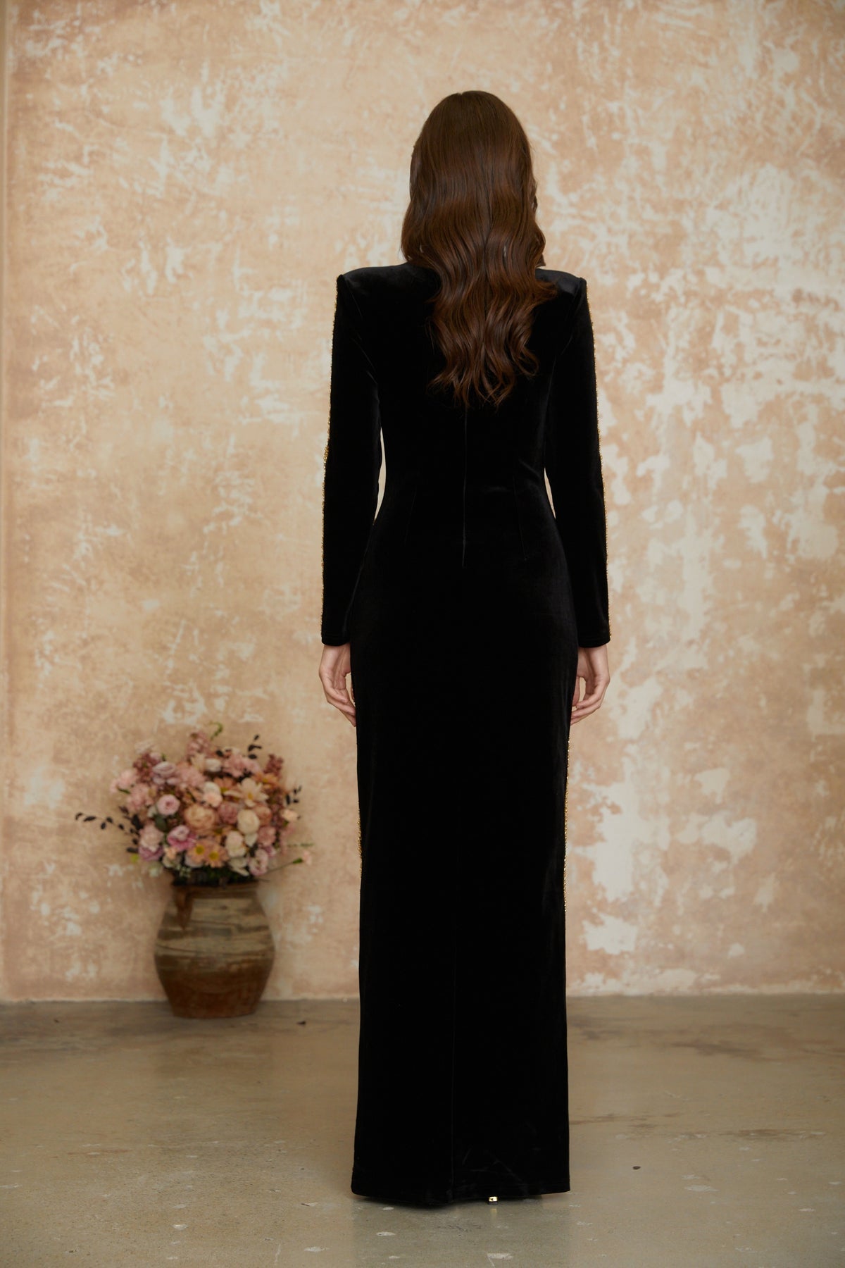 Black Crystal Embellished Front Slit Maxi Dress