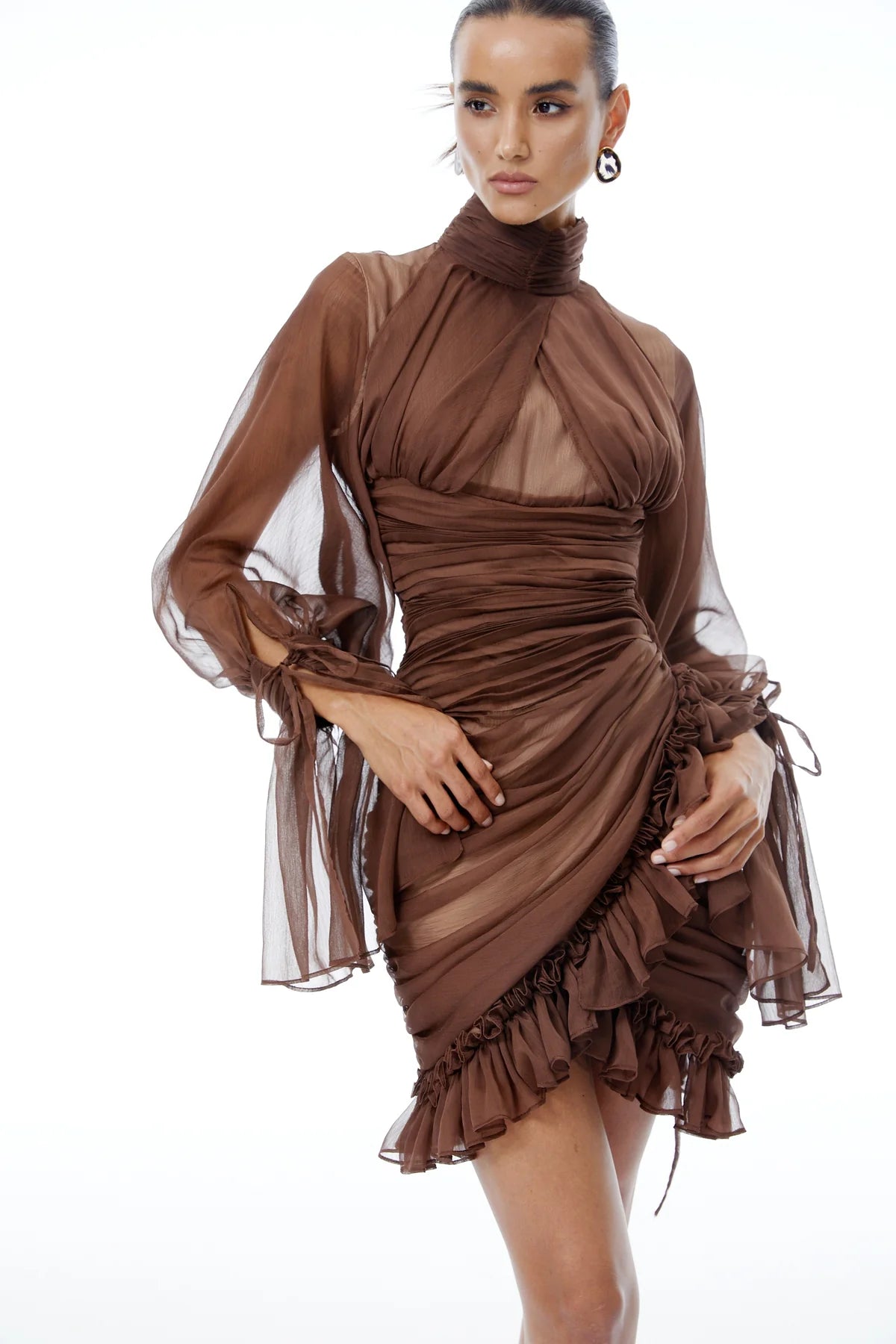 Brown Ruched Tulle Mini Dress